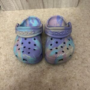 Purple tie-dye Crocs